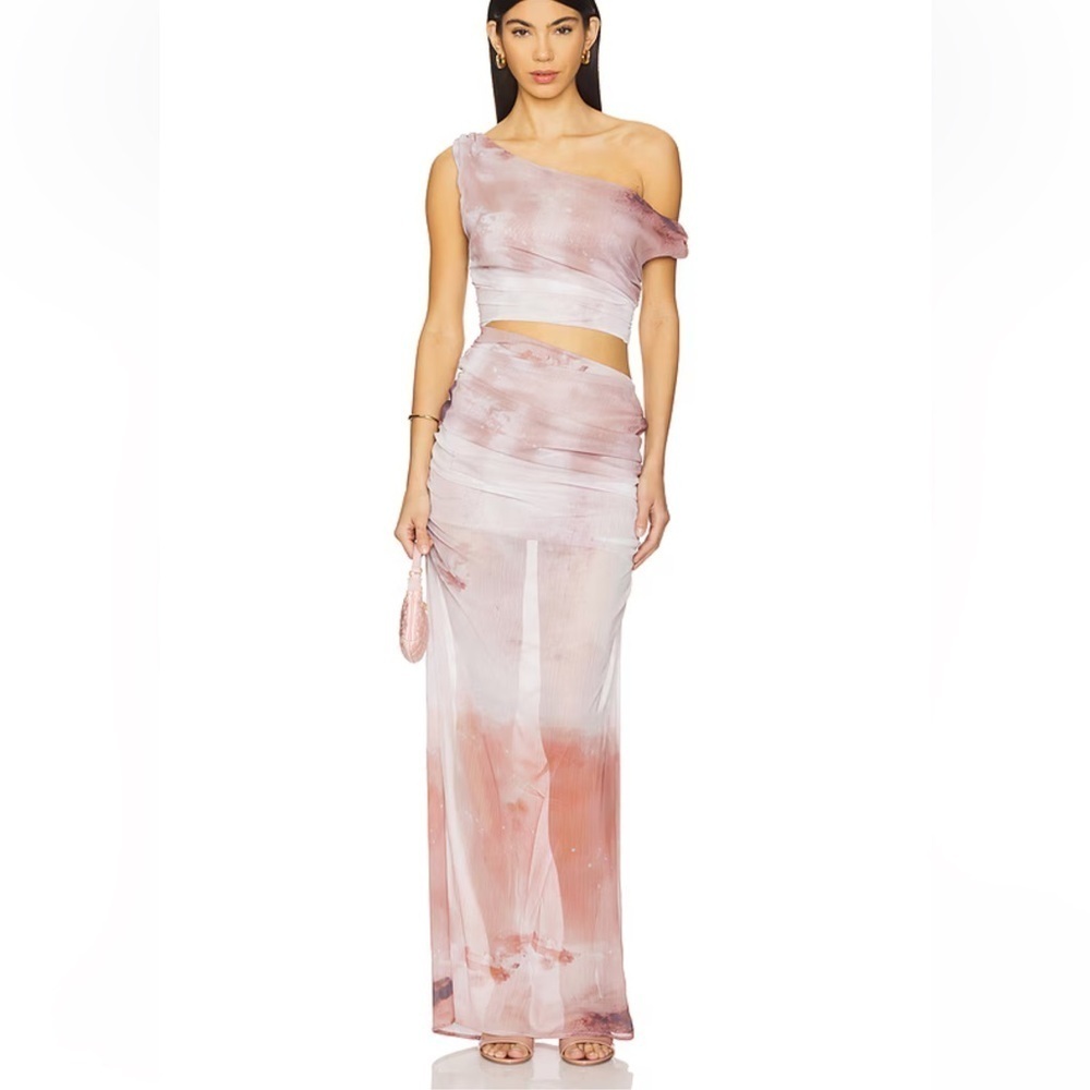 SNDYS Kilee Maxi Dress Print Pink One-Shoulder chiffon cut out Revolve M